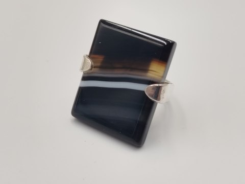 Piękny stary duży srebrny damski pierścionek ONYKS r.13 srebro biżuteria