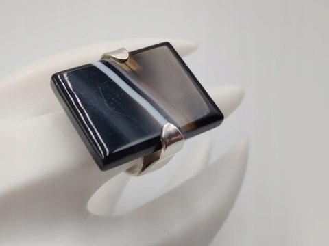 Piękny stary duży srebrny damski pierścionek ONYKS r.13 srebro biżuteria