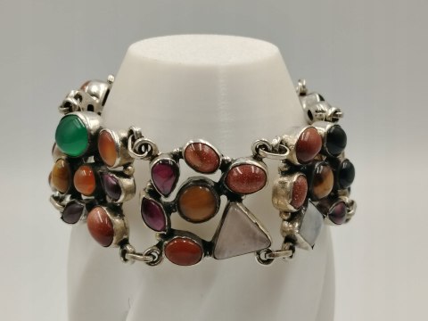 Piękna stara srebrna damska bransoletka MIX kamieni biżuteria VINTAGE