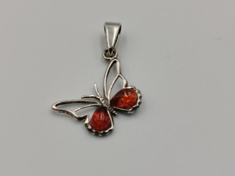 Piękny ażurowy srebrny damski wisiorek/zawieszka MOTYL bursztyn VINTAGE