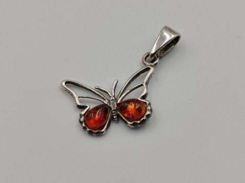 Piękny ażurowy srebrny damski wisiorek/zawieszka MOTYL bursztyn VINTAGE