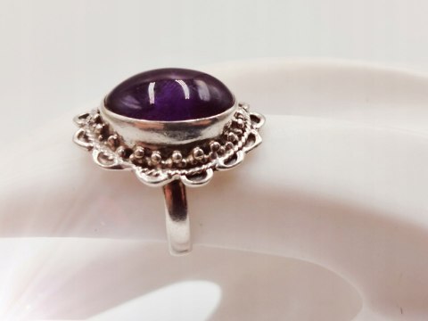 Piękny stary srebrny damski pierścionek AMETYST - r.10 srebro biżuteria