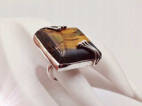 Piękny stary srebrny damski pierścionek TYGRYSIE OKO r.14 srebro biżuteria