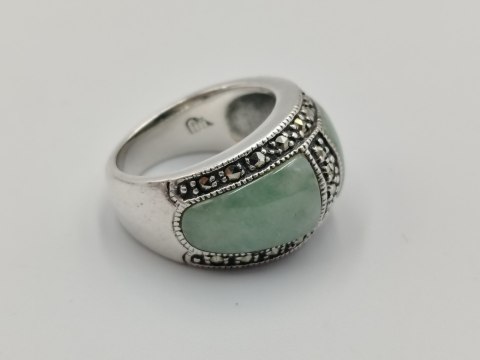 Stary piękny srebrny pierścionek JADEIT MARKAZYTY r. 11 biżuteria VINTAGE