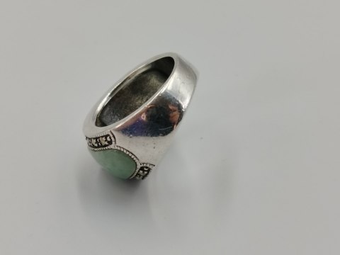 Stary piękny srebrny pierścionek JADEIT MARKAZYTY r. 11 biżuteria VINTAGE