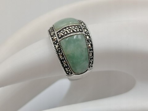 Stary piękny srebrny pierścionek JADEIT MARKAZYTY r. 11 biżuteria VINTAGE