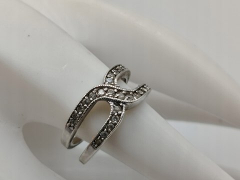 Stary srebrny pierścionek/obrączka ażurowa CYRKONIE r.14 srebro 925 VINTAGE