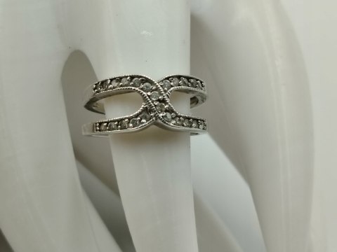 Stary srebrny pierścionek/obrączka ażurowa CYRKONIE r.14 srebro 925 VINTAGE