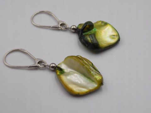 Stare srebrne kolczyki limonkowo-zielone, masa perłowa VINTAGE biżuteria