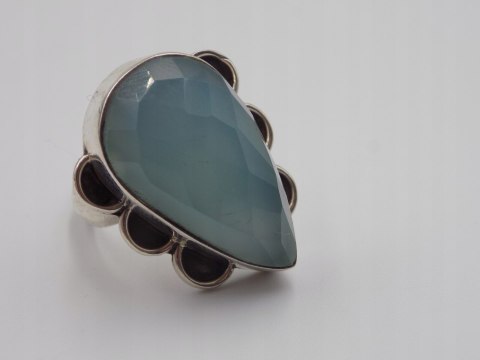 Stary duży srebrny damski pierścionek CHALCEDON AQUA r.17 biżuteria VINTAGE