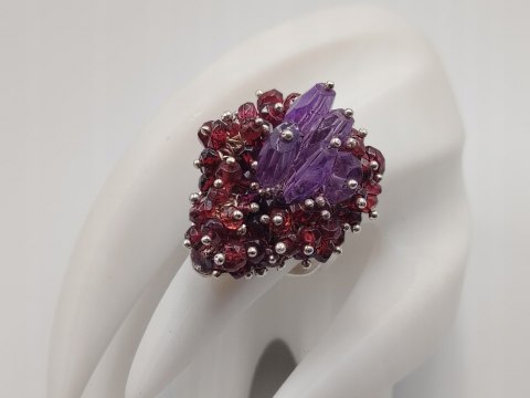 Stary srebrny damski pierścionek GRANATY / AMETYST r.13 VINTAGE biżuteria