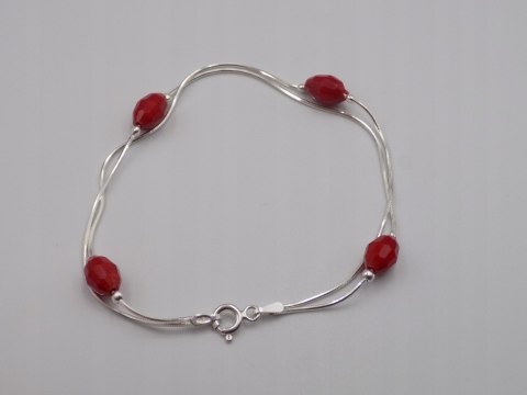 Piękna srebrna damska bransoletka - czerwone koraliki, srebro 925 biżuteria