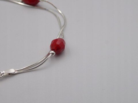 Piękna srebrna damska bransoletka - czerwone koraliki, srebro 925 biżuteria