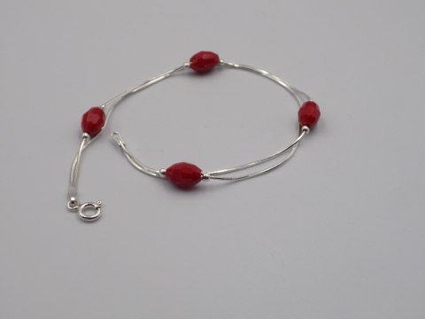 Piękna srebrna damska bransoletka - czerwone koraliki, srebro 925 biżuteria