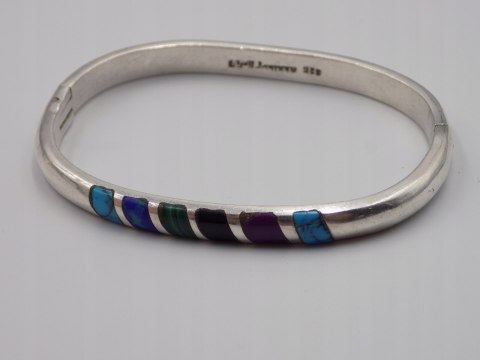 Stara srebrna damska bransoletka KOŁO BANGLA MEXICO 925 TURKUS MALACHIT