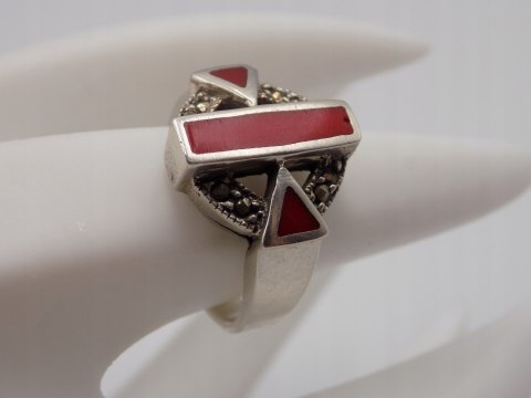 Stary srebrny pierścionek emalia+markazyty roz.13 srebro biżuteria VINTAGE