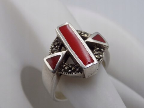 Stary srebrny pierścionek emalia+markazyty roz.13 srebro biżuteria VINTAGE