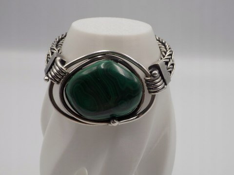 Stara, srebrna, damska, bransoletka - malachit - srebro 925, w: 63,94 g.