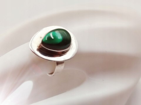 Piękny srebrny damski pierścionek KABOSZON MALACHIT r.16 VINTAGE biżuteria