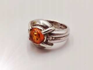 Piękny stary srebrny damski pierścionek BURSZTYN CYRKONIE r.12 VINTAGE